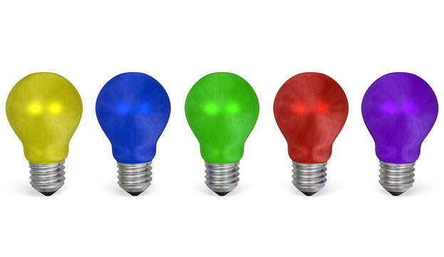 Row of light bulbs of vibrant contrasting colors. Front view