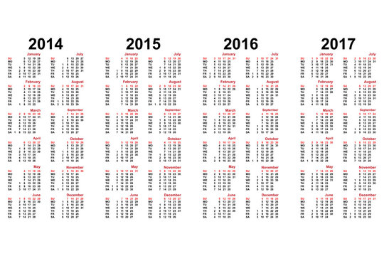 calendar from 2014 to 2018 years