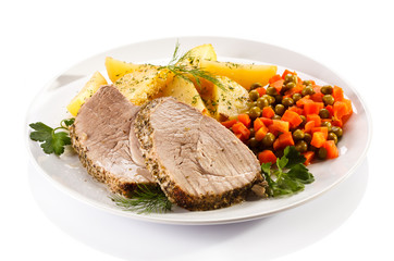 Roast pork, potatoes and vegetable salad