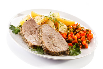 Roast pork, potatoes and vegetable salad