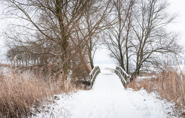 Wooden footbridge in winter