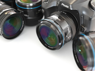 Fototapeta na wymiar Digital slr camera with lens. Photography equipment.