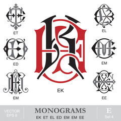Vintage Monograms EK ET EL ED EM EM EE - obrazy, fototapety, plakaty