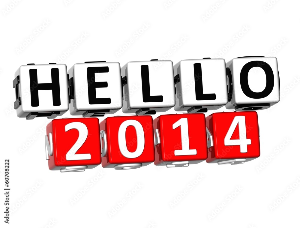 Aufkleber 3d hello 2014 button click here block text