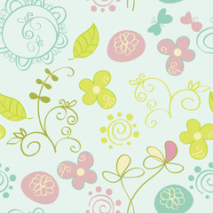 Seamless pattern with flowers and butterfly. Cute seamless.