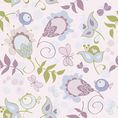 Seamless pattern with flowers and birds. Cute seamless.