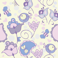 Seamless pattern with flowers and birds. Cute seamless.