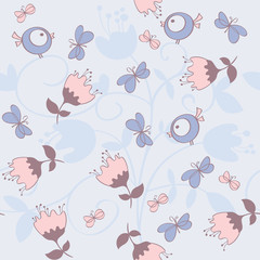 Seamless pattern with flowers and birds. Cute seamless.