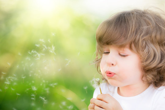 Happy child blowing dandelion