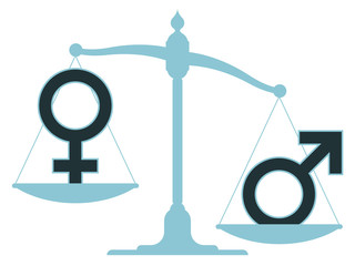 Unbalanced scale with male and female icons