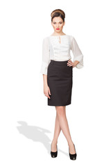 Young beautiful girl with a pointer in points.  white background