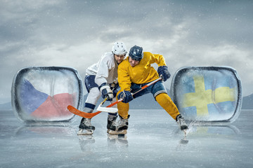 Ice hockey players in the ice
