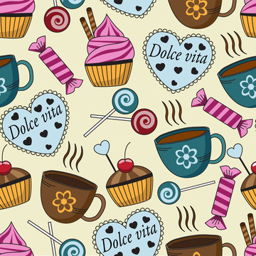 seamless pattern with sweets and cups