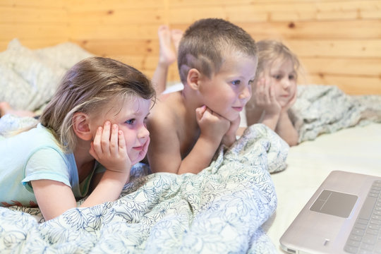 Lovely kids looking at computer monitor while laying in bed