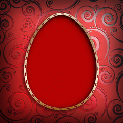 Shape of Easter egg in golden frame on red patterned background