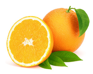 Ripe oranges with leaves.