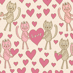 Love cats seamless pattern for Valentine's Day