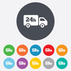 24 hours delivery service. Cargo truck symbol.