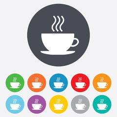 Coffee cup sign icon. Hot coffee button.