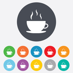 Coffee cup sign icon. Hot coffee button.