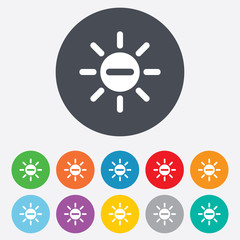 Sun minus sign icon. Heat symbol. Brightness.