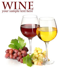 glasses of wine and ripe grapes isolated on white