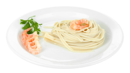 Pasta with shrimps on white plate, isolated on white