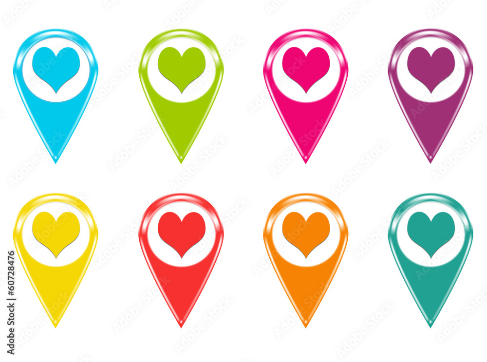 Poster set of icons for markers on maps with heart symbol