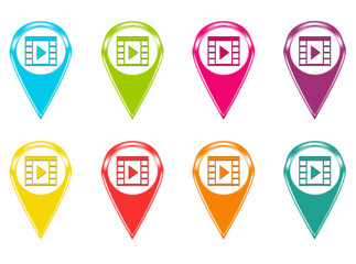 Set of icons with movie symbol in blue, green, pink, red, orange