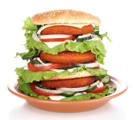 Huge burger on color plate, isolated on white