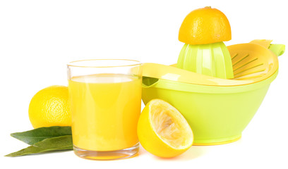 Citrus press and lemons isolated on white