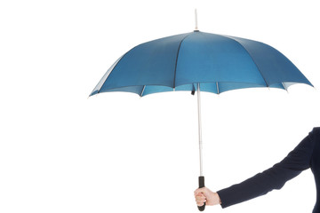 Business woman is holding blue umbrella.