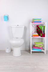 White toilet bowl and stand with books, on color wall