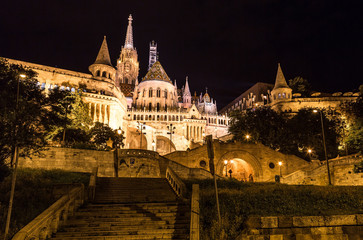 Fototapeta na wymiar Fisherman's bastion night view, Budapest, Hungary