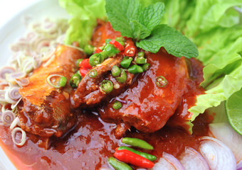 Spicy Sardines in tomato sauce canned fish ,Yum thai food style