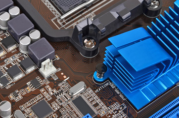 Printed computer motherboard, with semiconductor close up , DOF
