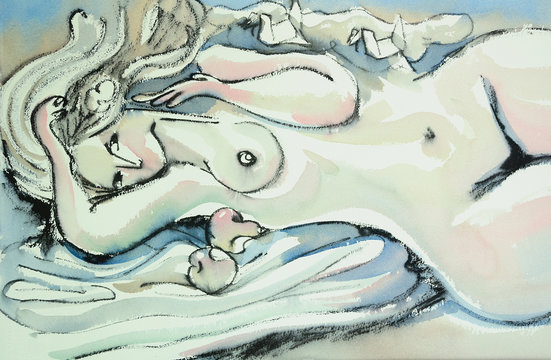 Original watercolor nude figure
