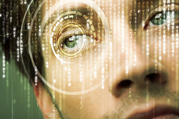 Modern cyber soldier with target matrix eye