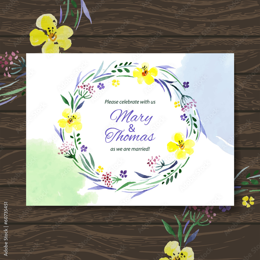 Wall mural Wedding invitation card with watercolor floral bouquet. Vector b