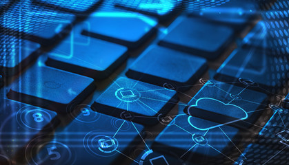 Keyboard with glowing cloud technology icons