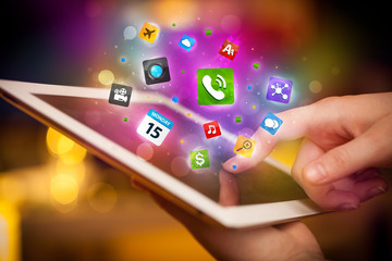 Hand touching tablet pc, social network concept