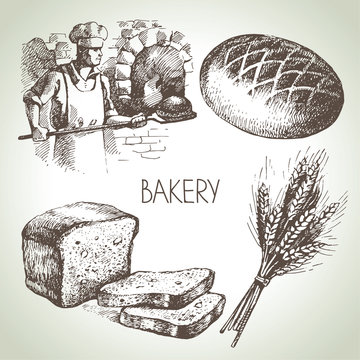 Bakery Sketch Icon Set. Vintage Hand Drawn Illustrations