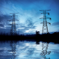 The high-voltage tower at night