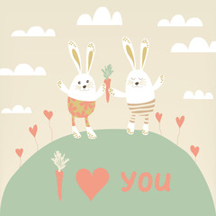 Romantic card with cute rabbits in love.  Happy hares with carro