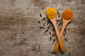 Spices on wooden background