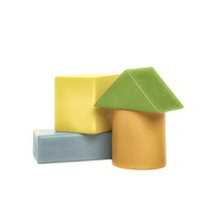 Colorful wooden building blocks isolated on white background