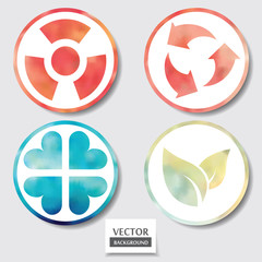 Set of four icons. Web and mobile apps circle watercolor button.