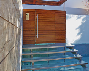 Contemporary house entrance with water pool, Athens  Greece