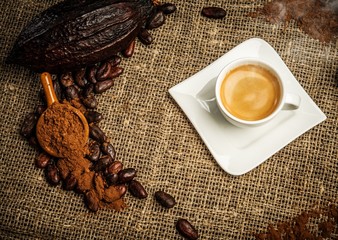 Coffee theme still-life on sackcloth