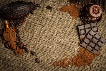 Coffee and cocoa theme still-life on sackcloth with copy-space